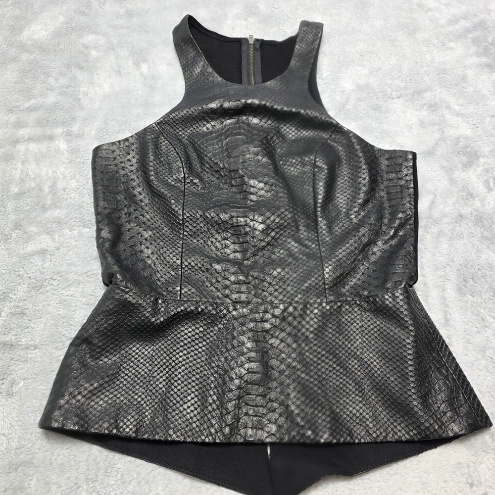 Mason Women Sz 0 Black Lambskin Leather Snakeskin Peplum Racerback Top Zip Back‎